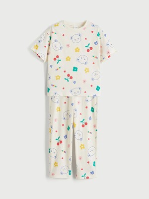 LC Waikiki Lcw Kids Bej Bisiklet Yaka Kız Çocuk Pijama Takım