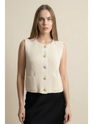 Shophia Gold Düğmeli Kadın Triko Yelek - %100 Pamuk