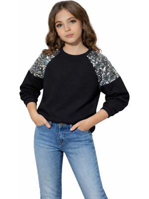 İrem Çocuk Giyim Kız Çocuk Omuzları Pul Detaylı Fitilli Kumaş Siyah Renk Badi