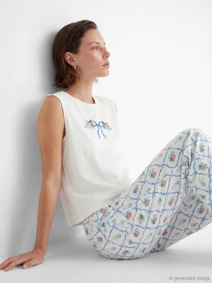 LC Waikiki Lcw Dream Ekru Bisiklet Yaka Baskılı Kadın Pijama Takımı