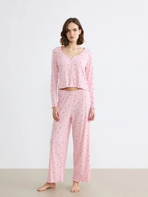 LC Waikiki Lcw Dream Pembe Kalp Yaka Fiyonk Desenli Kadın Pijama Takım