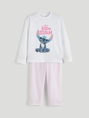 LC Waikiki Lcw Kids Beyaz Bisiklet Yaka Stitch Baskılı Kız Çocuk Pijama Takımı