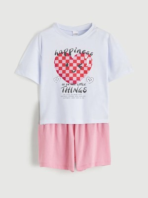 LC Waikiki Lc Waıkıkı Pembe Kalp Baskılı Kız Çocuk Şortlu Pijama Takımı
