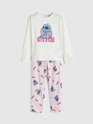 LC Waikiki Lcw Kids Ekru Stitch Baskılı Kız Çocuk Pijama Takım