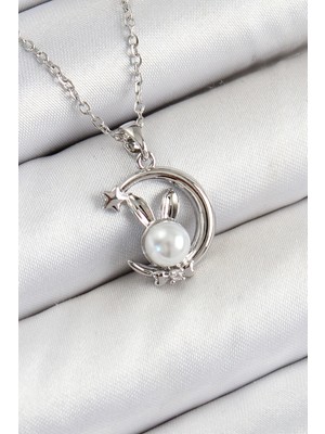 Tp Buğz 316L Çelik Inci Detaylı Hilal Tavşan Model Gümüş Renk Kadın Kolye