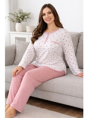 Aydoğan Büyük Beden Kadın Uzun Kol Kroşetalı Patlı Pamuklu Pijama Takımı 250661 BEYAZ08