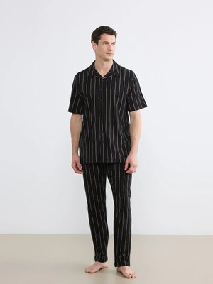 LC Waikiki Lc Waıkıkı Siyah Standart Kalıp Çizgili Penye Erkek Pijama Takım