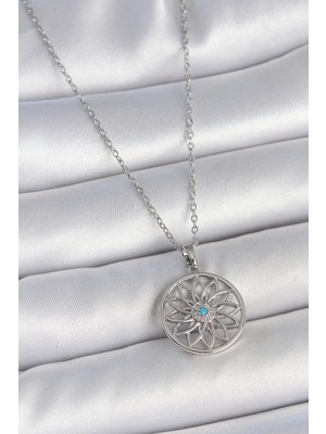 Tp Buğz 316L Çelik Gümüş Renk Zincir Mavi Taşlı Lotus Model Kadın Kolye