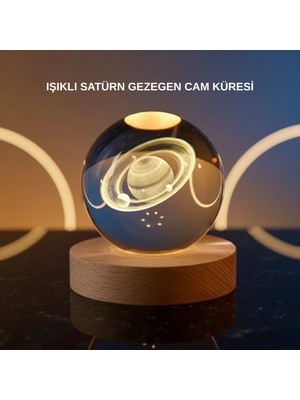 Tp Buğz 3D Satürn Gravürlü Kristal Küre Dekoratif LED Işıklı Gece Lambası