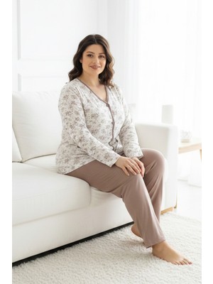 Aydoğan Büyük Beden Önü Düğmeli Kadın Uzun Kol Kroşetalı Pamuklu Pijama Takımı 250691 BEYAZ04