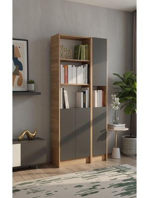 Yeti Mobilya FLAT85 Kitaplık 4 Kapaklı Kütüphane Çam Antrasit