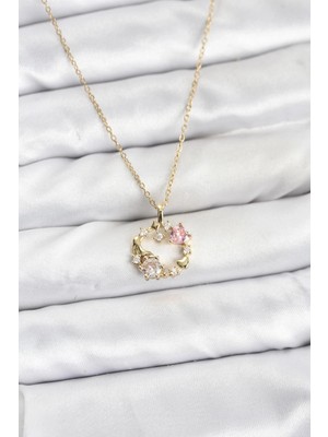 Tp Buğz 316L Çelik Zincir Gold Renk Pembe Taş Detaylı Çelenk Model Kadın Kolye