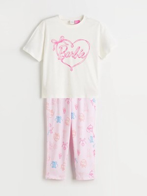 LC Waikiki Lcw Kids Ekru Barbie Baskılı Kız Çocuk Pijama Takımı