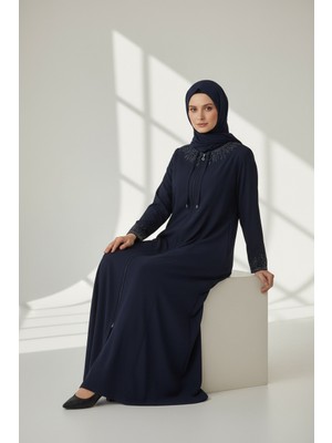 Ece Giyim Kadın Yaka ve Kol Işlemeli Önü Fermuarlı Kulplu Ince Büyük Beden Ferace