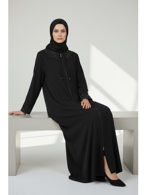 Ece Giyim Kadın Yaka ve Kol Işlemeli Önü Fermuarlı Kulplu Ince Büyük Beden Ferace
