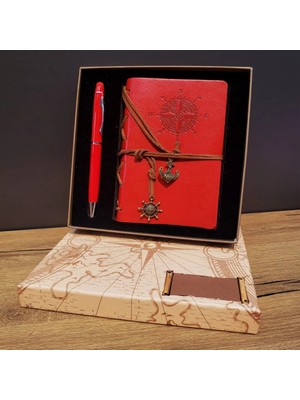 Tp Buğz Kırmızı Pusula Tasarım Deri Defter ve Touchpen Kalem Seti