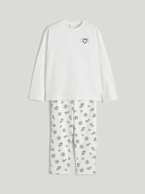 LC Waikiki Lcw Kids Ekru Bisiklet Yaka Baskılı Kız Çocuk Pijama Takımı