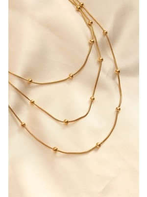 Tp Buğz Çelik Altın Renkli Topçuk Tasarımlı Çoklu Kolye