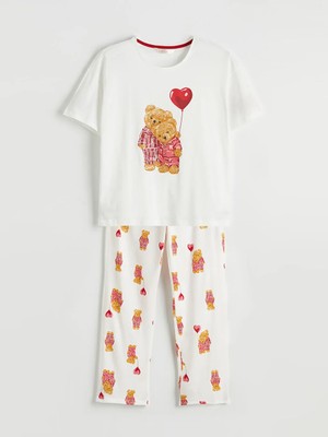 LC Waikiki Lcw Dream Ekru Bisiklet Yaka Baskılı Kadın Pijama Takım