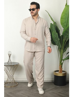 Comstar Erkek Trend Keten Gömlek Baggy Eşofman Krem Ikili Takım