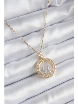 Tp Buğz 316L Çelik Gold Renk Zirkon Taş Detay Ay Yıldız Fanus Model Kadın Kolye