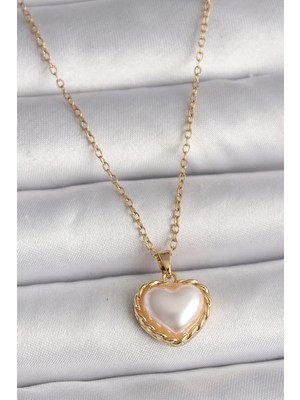 Tp Buğz 316L Çelik Gold Renk Zincir 3D Inci Kalp Model Kadın Kolye