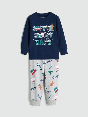LC Waikiki Lcw Kids Lacivert Bisiklet Yaka Yılbaşı Temalı Erkek Çocuk Pijama Takımı