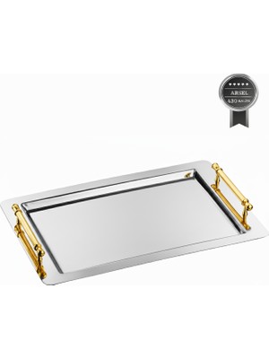 Arsel Napoli Sade Paslanmaz Çelik Gold Kulplu Çay Kahve Servis Tepsisi 29X45 cm Gold Kulp Şık Sunum