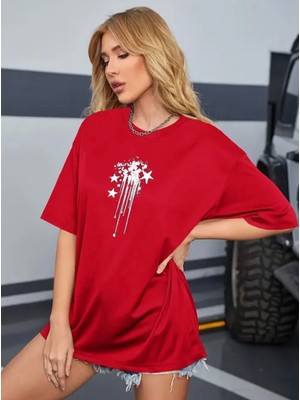 Amor Face Büyük Beden Özel Tasarım Yıldızlar Baskılı %100 Pamuk Oversize Battal Kadın T-Shırt