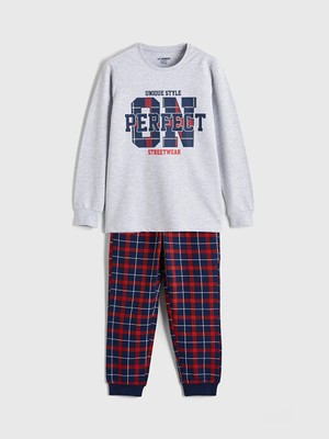 LC Waikiki Lcw Kids Gri Bisiklet Yaka Ekose Erkek Çocuk Pijama Takımı