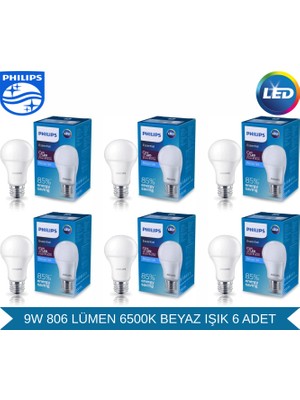 Philips Essential LED 9-60W E27 6500K - Beyaz Işık - 806 Lumen - Yüksek Işık - E27 Duy