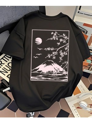 Amor Man Büyük Beden Özel Tasarım Mountain Bahar Sırt Baskılı %100 Pamuk Japon Stil Battal Erkek T-Shırt