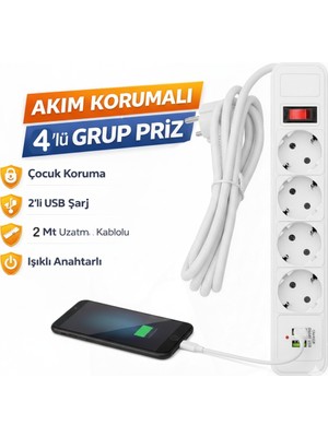 Neler Geldi Neler Akım Korumalı 2 USB Li 4 Lü Priz Açma Kapama Anahtarlı 2 Metre Kablo Uzunluğu 4Lü Çoklu Priz
