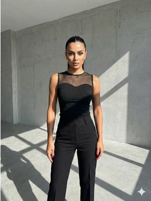 Cuyka Kadın Transparan Tül Detaylı Bluz Şık Dar Kesim Sandy Kumaş Bluz