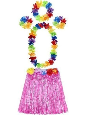 Herşeytrend Yetişkin ve Çocuk Uyumlu Luau Aloha Hawaii Pembe Etek ve Renkli Kolye Taç 2 Adet Bileklik Seti