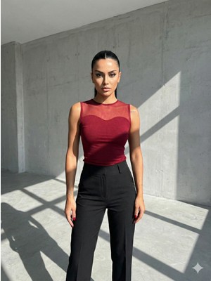 Cuyka Kadın Transparan Tül Detaylı Bluz Şık Dar Kesim Sandy Kumaş Bluz