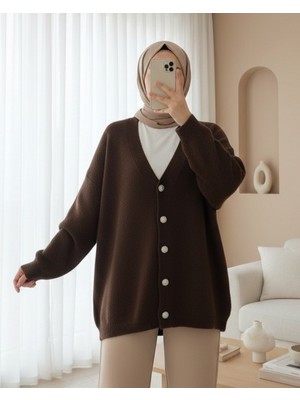 Modamorfo Önü Düğmeli Sakallı Salaş Triko Hırka   -Kahve