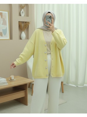Modamorfo Önü Düğmeli Sakallı Salaş Triko Hırka   -Sarı