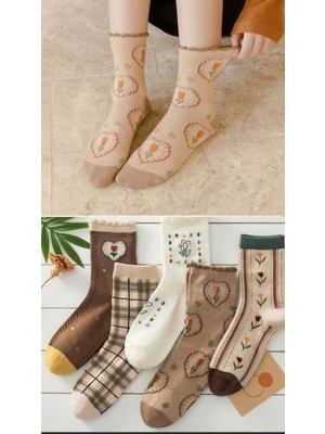 5 Çift Kadın Retro Çiçek-Kalp Desenli Çorap