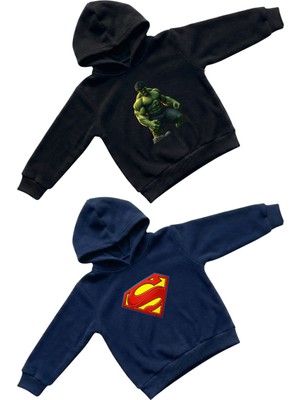 Machi Süper Kahraman Serisi Erkek Çocuk Sweatshirt Ikili Superman & Hulk Baskılı Kapüşonlu Hoodie