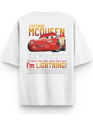 Overoz Cars Mcqueen Araba Sırt Baskılı Yarı Oversize Unisex Beyaz T-Shirt 1227