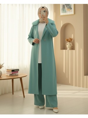 Modamorfo Yakası Kürklü Çift Düğmeli Uzun Triko Hırka -Mint