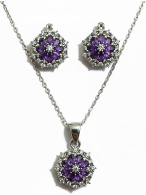 Parlavert Silver 925 Ayar Gümüş Kadın Ametist Taşlı Çiçek Model Küpe Kolye Takımı