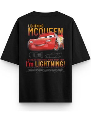 Overoz Cars Mcqueen Araba Sırt Baskılı Yarı Oversize Unisex Siyah T-Shirt 1227