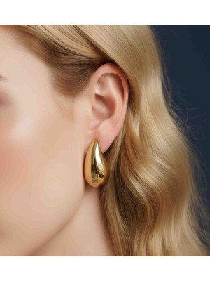 Bontexs Gold Orta Boy Damla Küpe - Minimalist Su Damlası Tasarım"