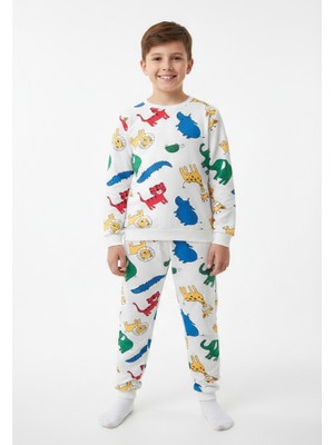 Beyaz Safari Desenli Uzun Kollu Pijama Takımı