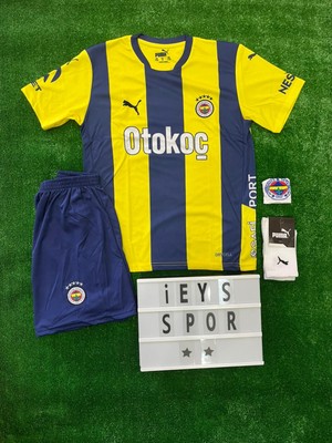 4'lü Set Fe.ner.bah'çe Iç Saha Sarı Lacivert Çubuklu Isimsiz Çocuk Forma Şort Bileklik Çorap Takım
