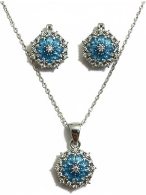 Parlavert Silver 925 Ayar Gümüş Kadın Akuamarin Taşlı Çiçek Model Küpe Kolye Takımı
