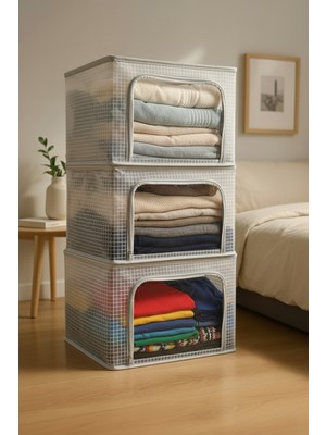 Handyol 3 Adet Dolap Düzenleyici Kare Desenli Şeffaf Çelik Destekli, Katlanabilir Kıyafet Organizeri
