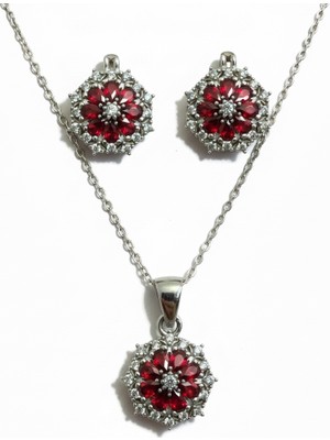 Parlavert Silver 925 Ayar Gümüş Kadın Garnet Taşlı Çiçek Model Küpe Kolye Takımı